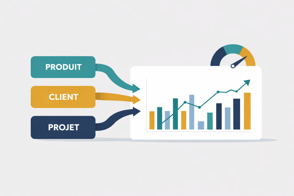 Schéma de comptabilité analytique illustrant le passage d'une vision globale au pilotage de la rentabilité par projet et client.